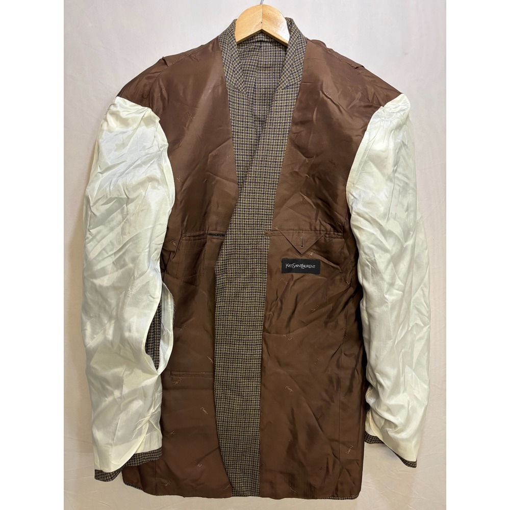 Yves Saint Laurent Blazer Jacket Mens Brown Houndstooth‎ Wool Blend Pockets - Picture 10 of 16